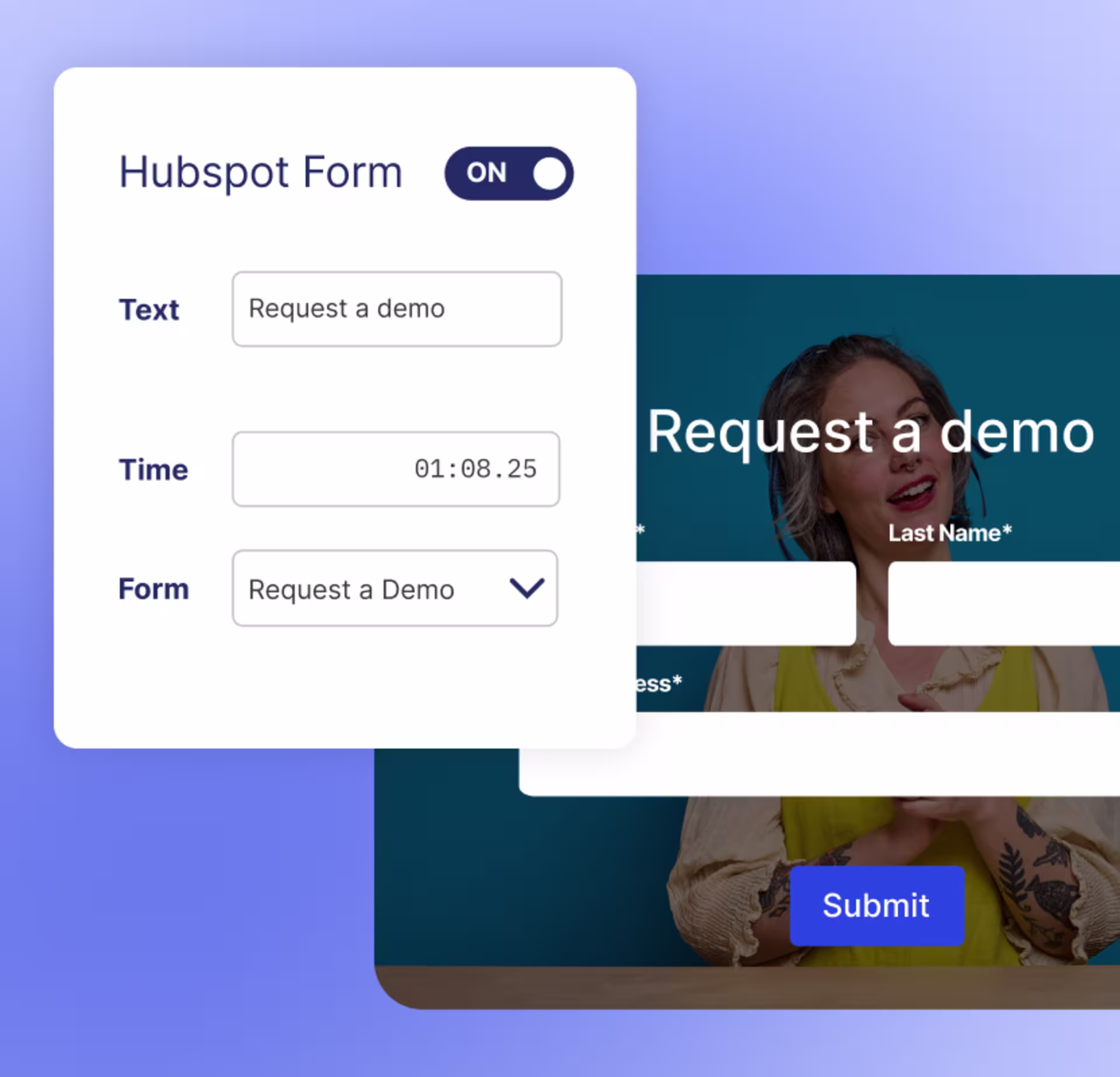A HubSpot form configuration panel overlapping a "Request a demo" form embedded in a video.