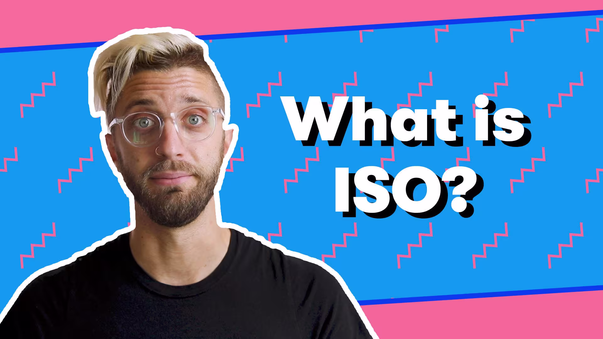 Man on a patterned background with text that says, "What is ISO?"
