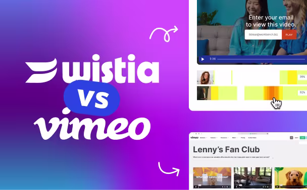 Blue gradient graphic with bold white text reading “AI video marketing trends,” and a pink label that says “for 2026,” surrounded by decorative, hand-drawn white arrows.