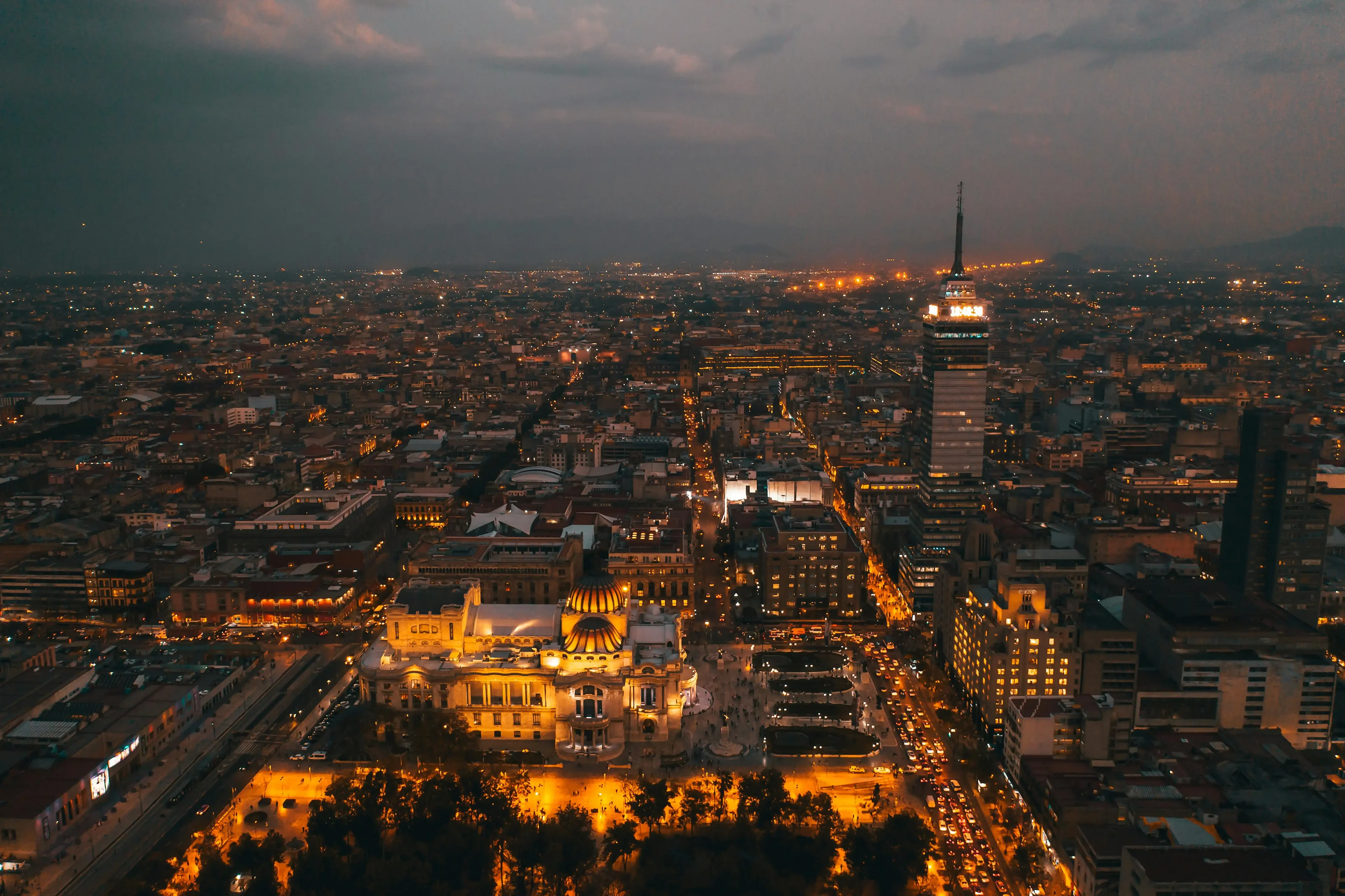 The night aerial view of Mexico City
