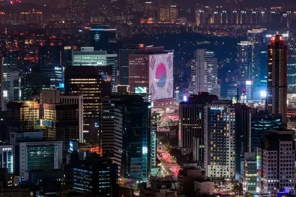 buildings and the South Korean flag