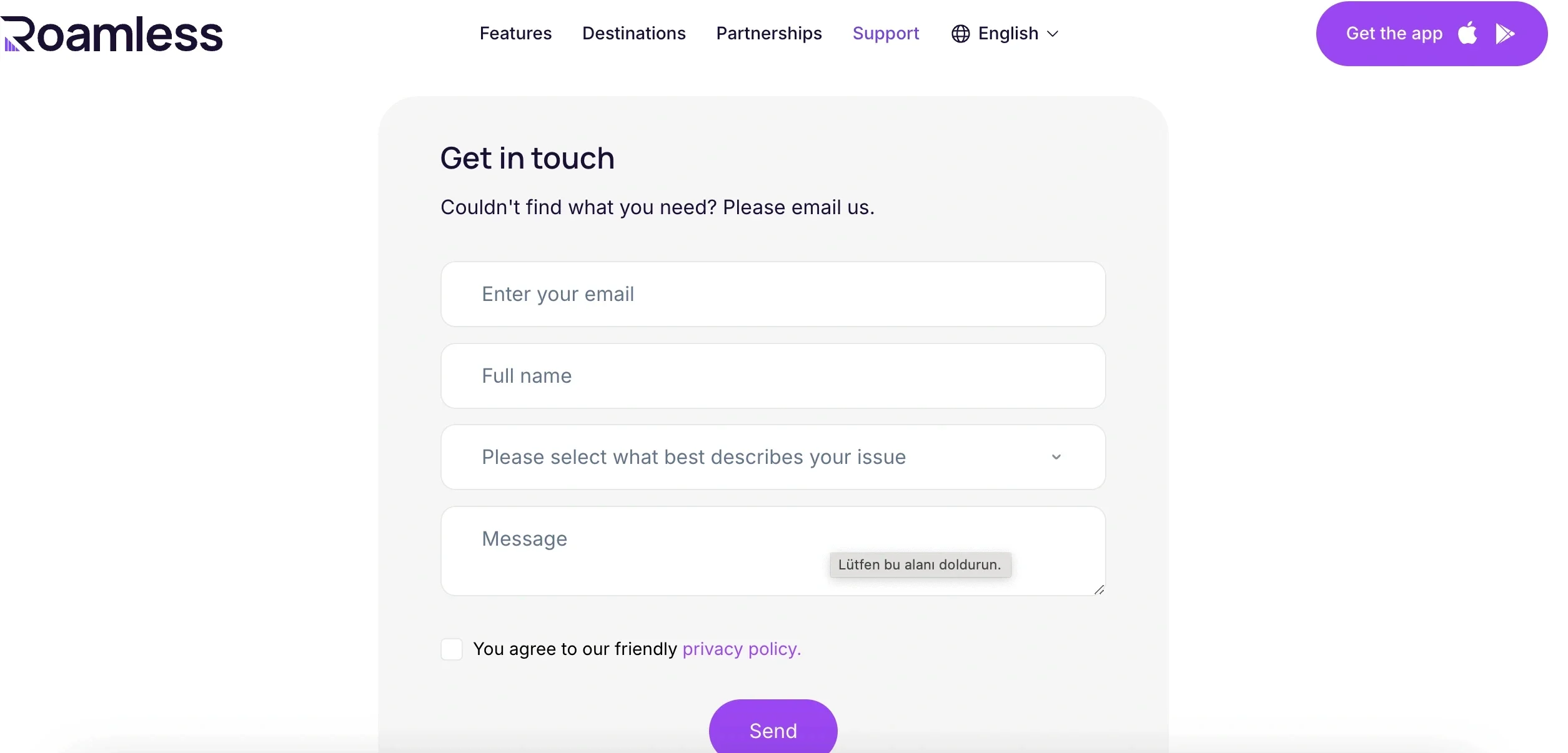 Roamless customer support form