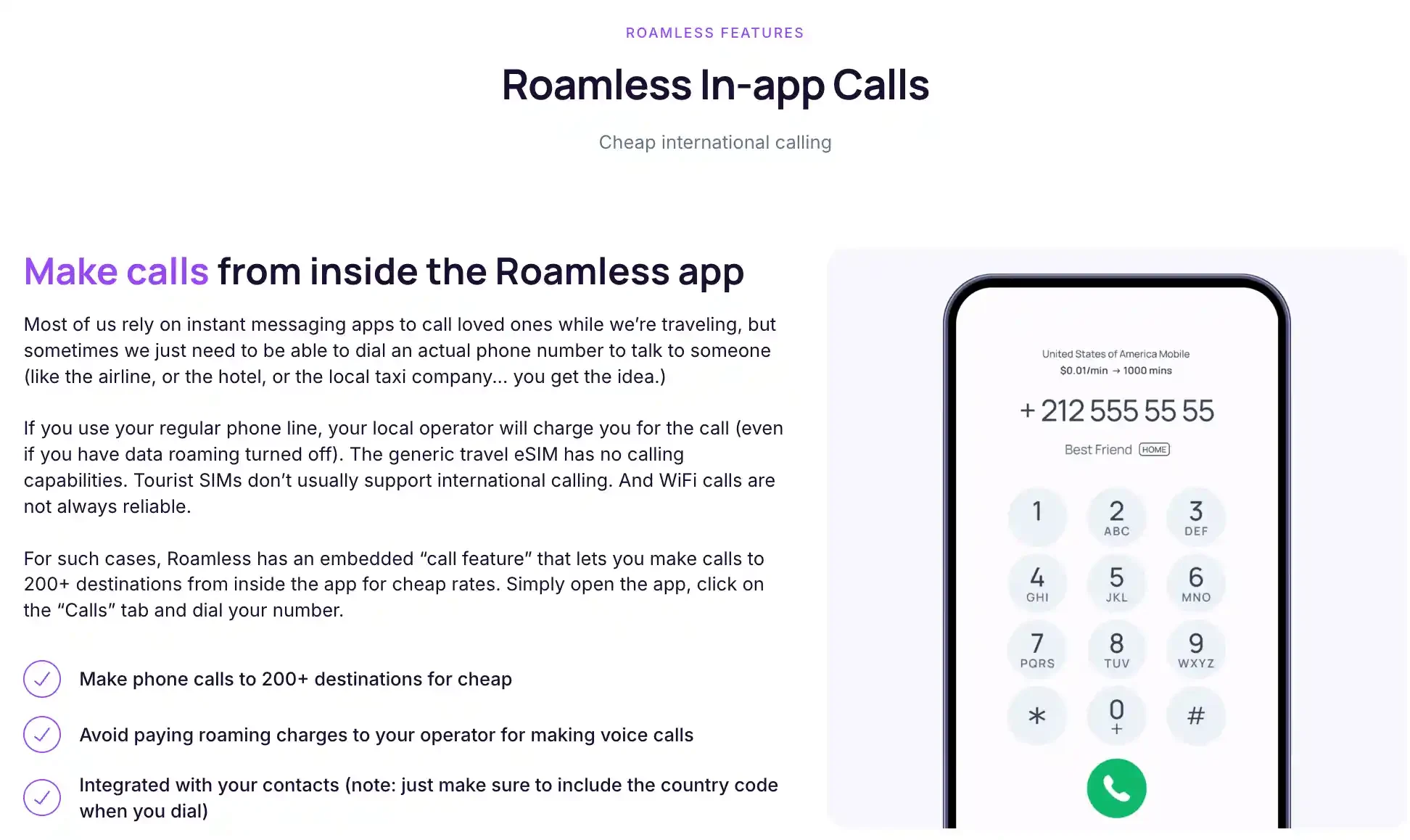Roamless international calls page