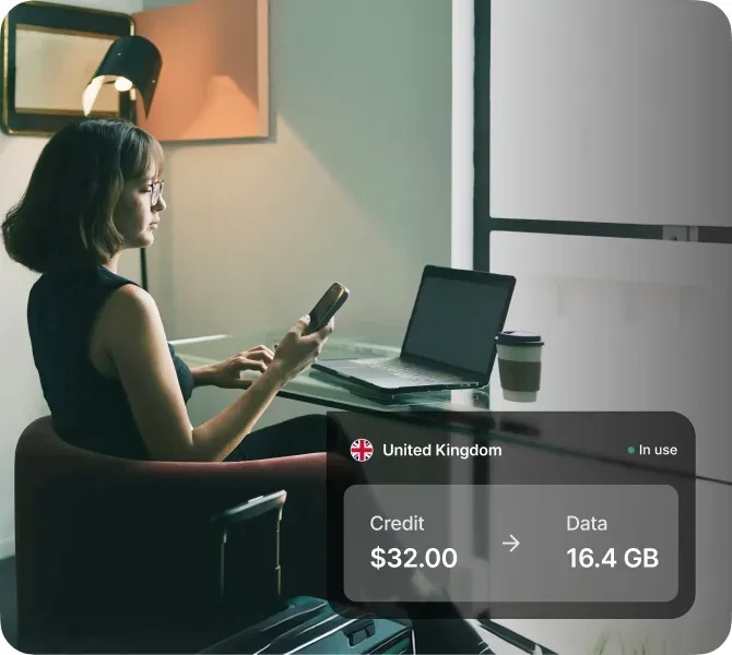 A traveller checks her Roamless data balance on her phone