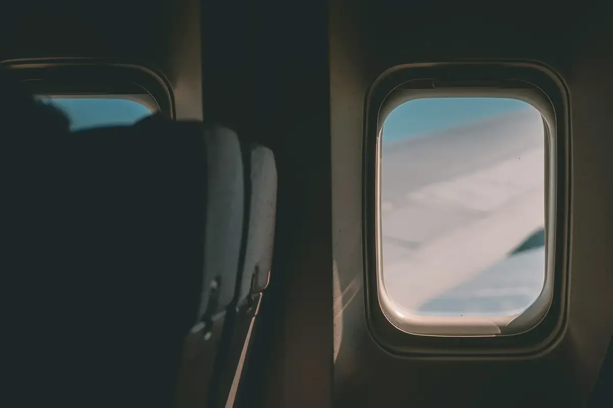 Airplane wing seen through a window