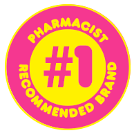 Pink circle with yellow outline and text "#1 Pharmacist Recommended Brand".