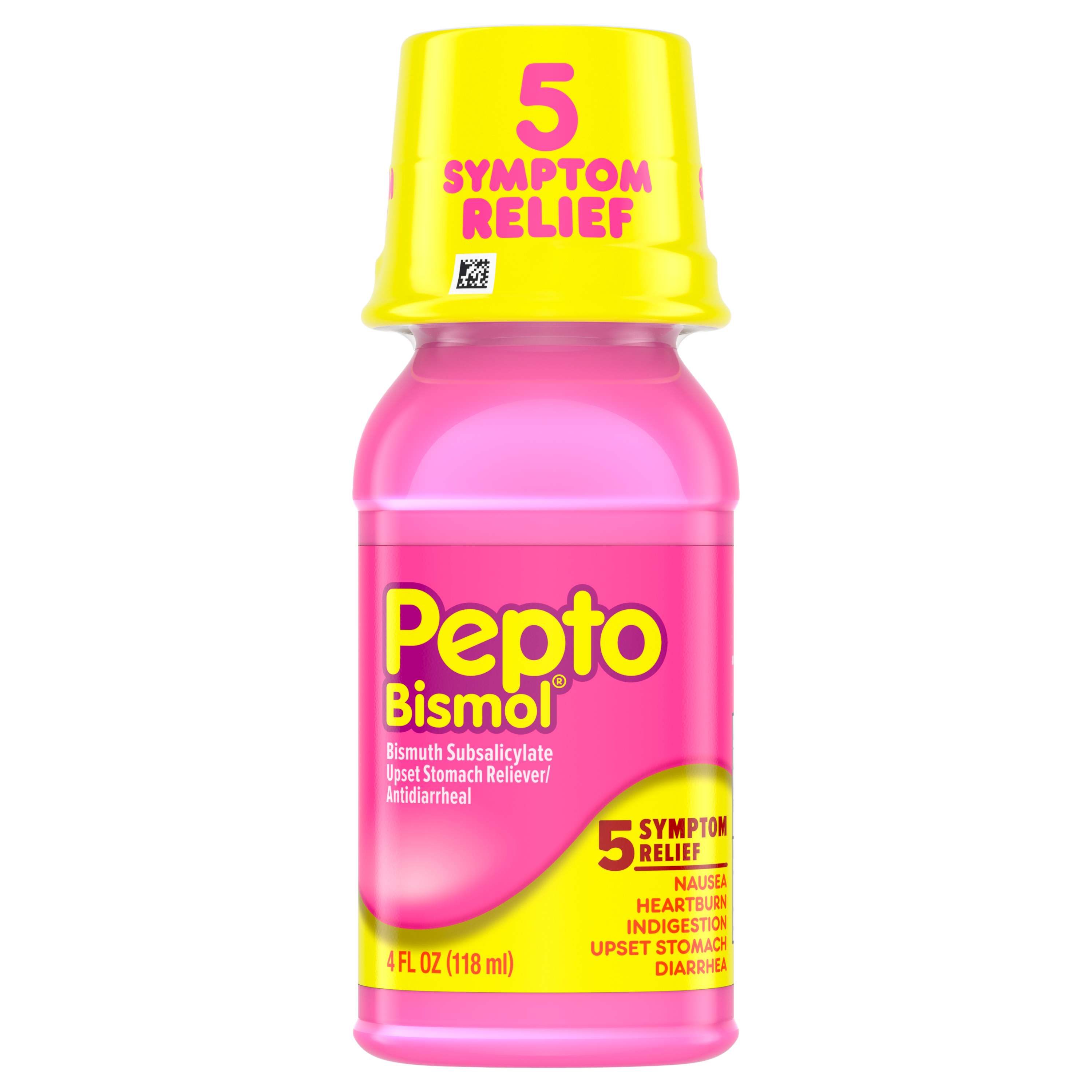 A bottle of Pepto Bismol 5 symptoms relief Liquid.