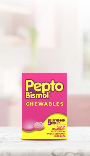 Pepto Bismol 5 symptoms relief chewables package.