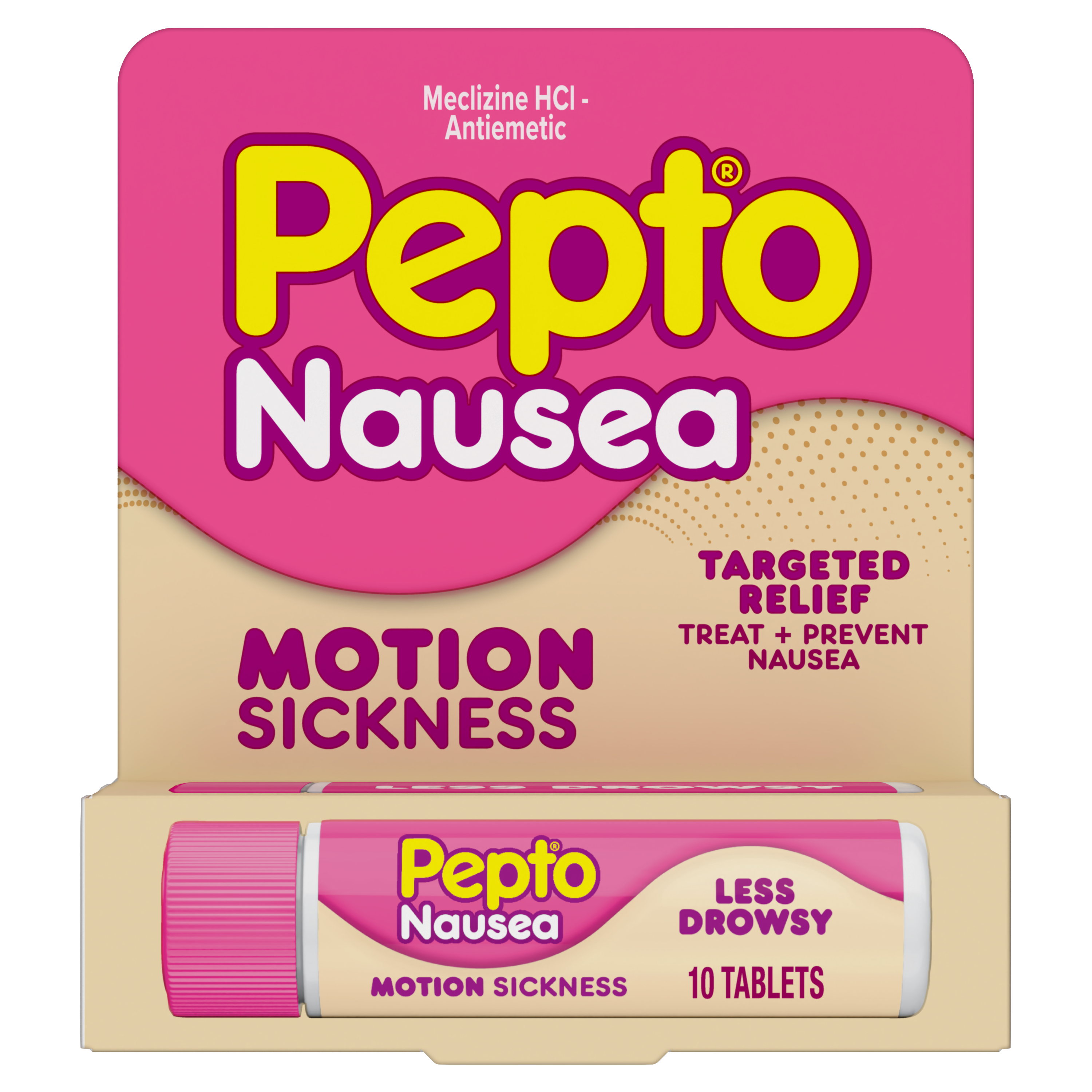 A package of 10 count Pepto Nausea Motion Sickness tablets.