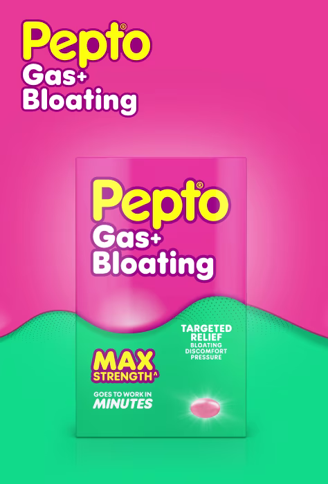 Pepto Gas+Bloating medication package on pink and green background, featuring max strength formula that works in minutes for digestive relief.