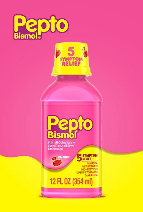 A bottle of Pepto Bismol 5 symptoms relief Liquid cherry flavor.