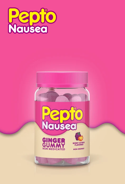 Pepto Nausea ginger gummy bottle with berry citrus flavored supplements on pink and cream background.