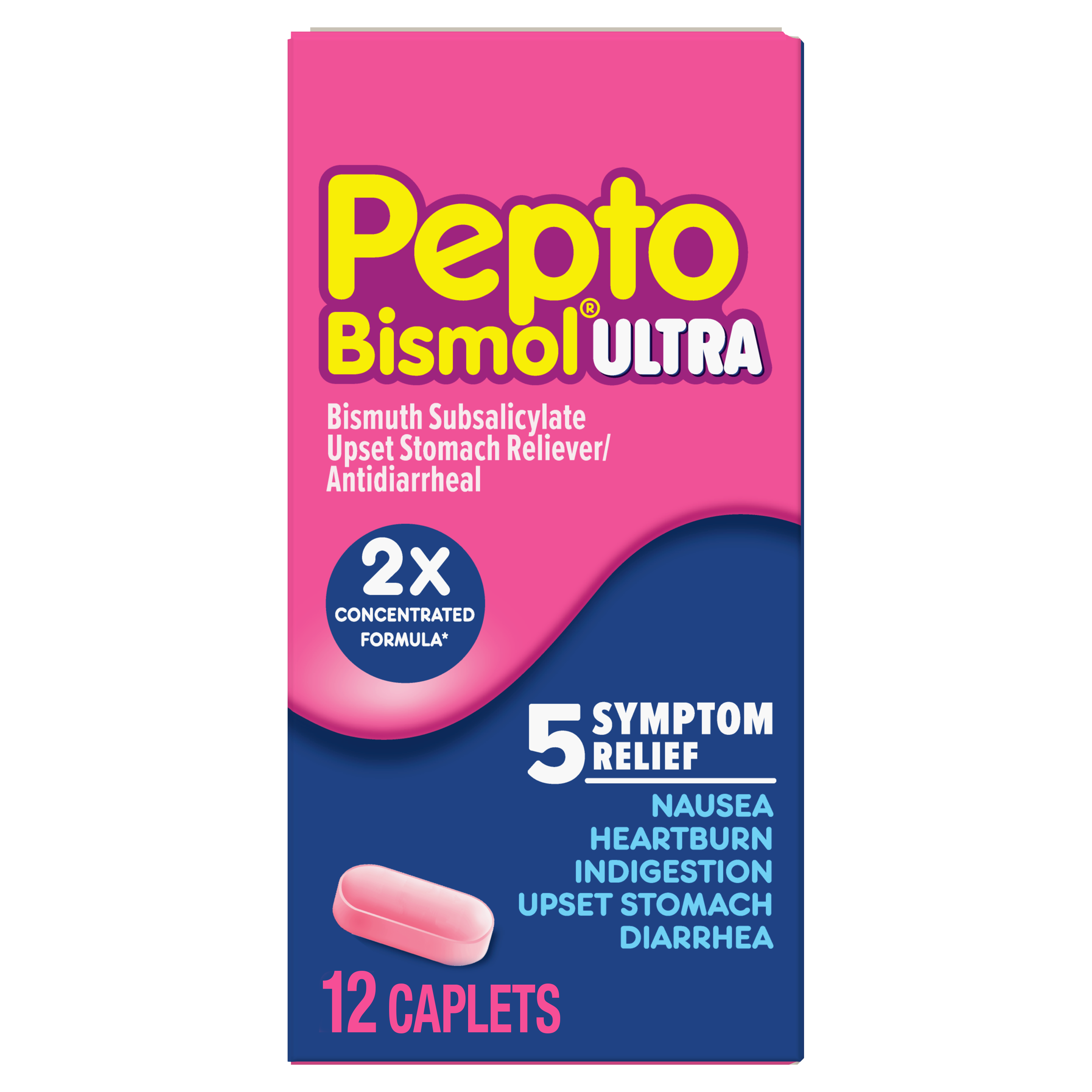 Pepto Bismol Ultra 5 symptoms relief caplets package.