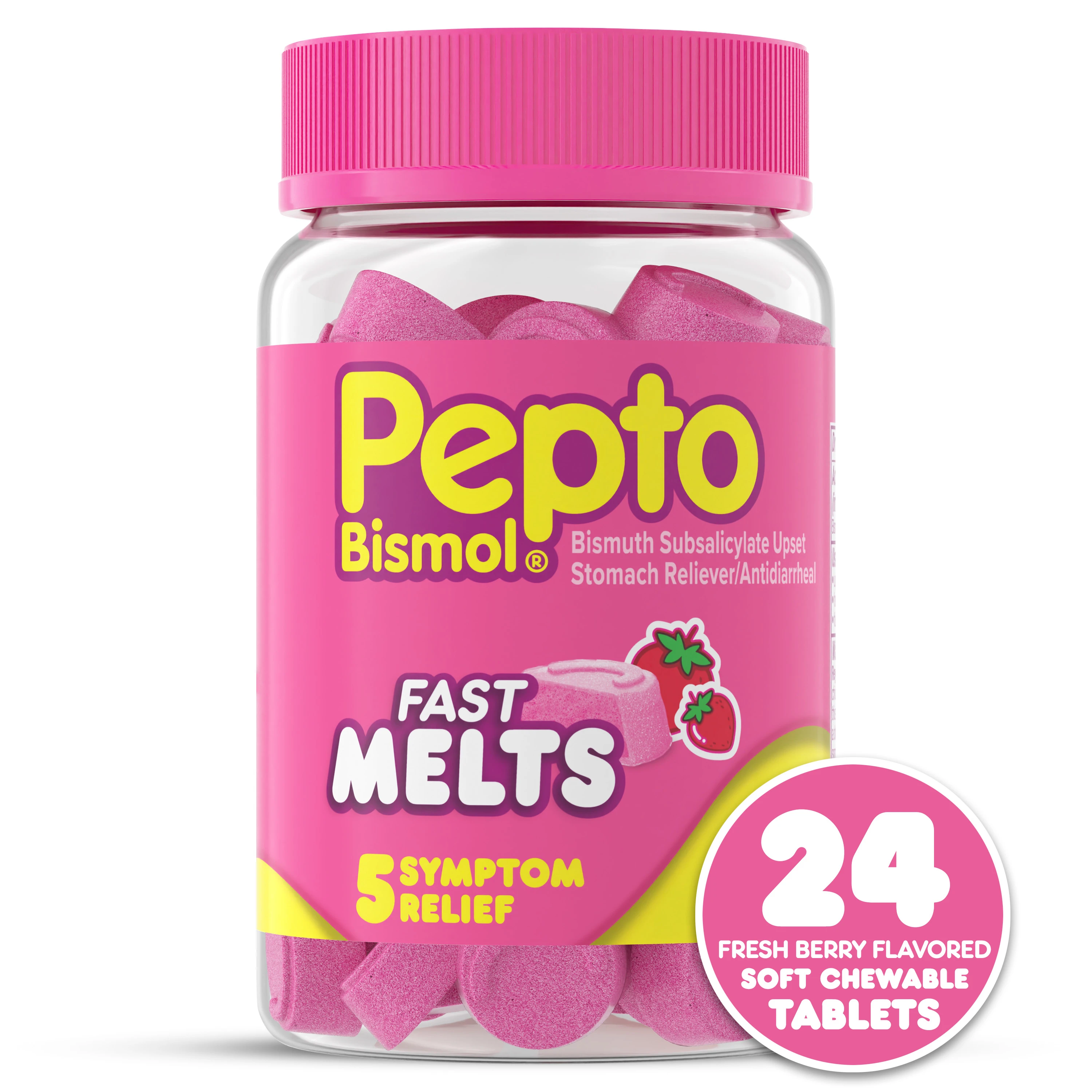 A bottle of Pepto Bismol fast melts soft chewable tablets.