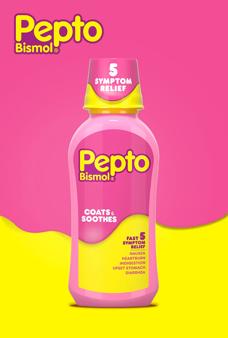 A bottle of Pepto Bismol 5 symptoms relief Liquid.