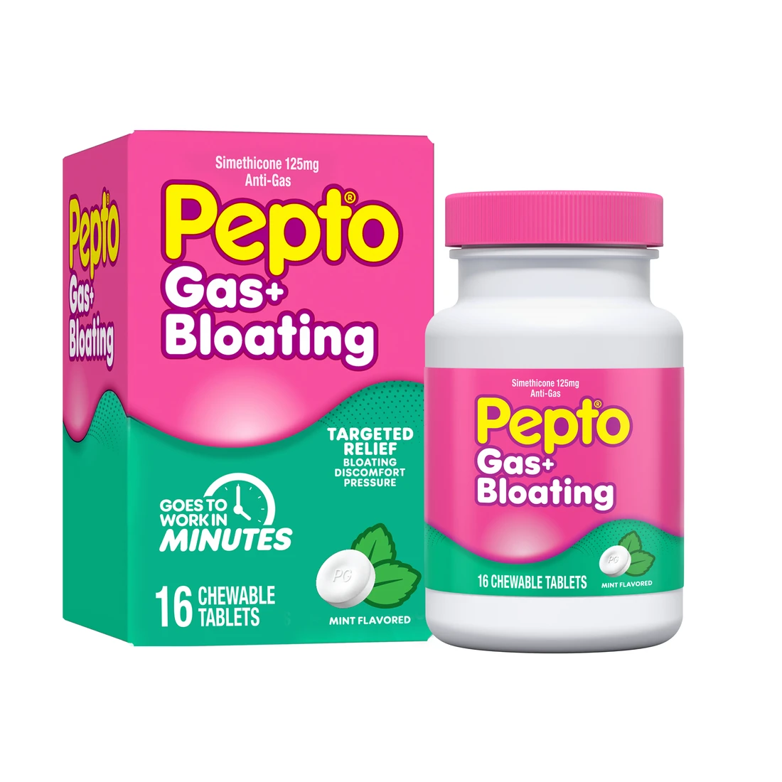 Pepto Gas+Bloating medication package and bottle containing 16 mint-flavored chewable tablets for digestive relief.