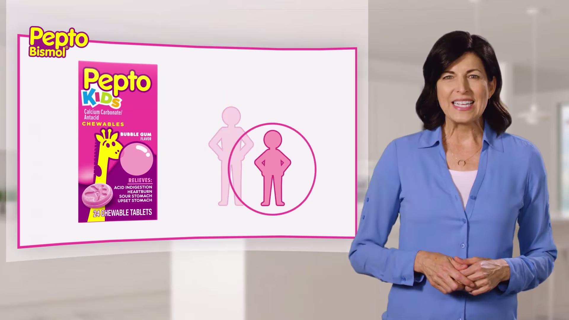 Pepto kids chewables tablets package, icons of 2 people next to a lady in blue shirt.