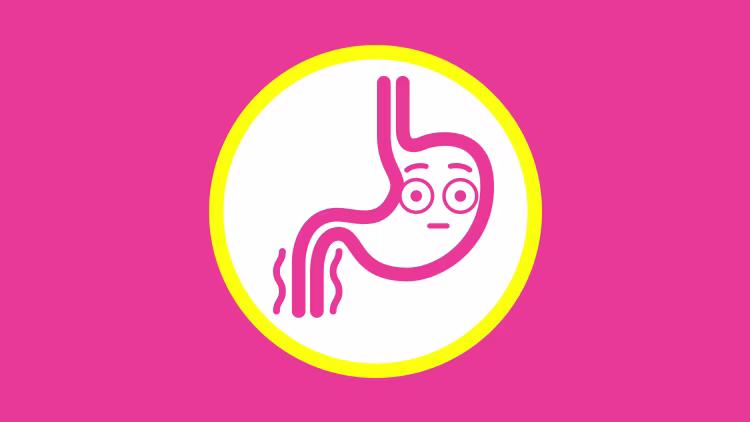 Stylized illustration of a stomach with a neutral expression and wavy lines at the bottom, representing indigestion or diarrhea.