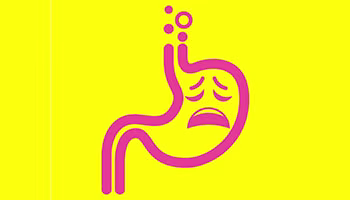 Illustration of stomach in pink with weary face with yellow background.