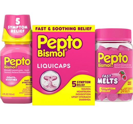 A bottle of Pepto Bismol Ultra 5 symptoms relief Liquid.