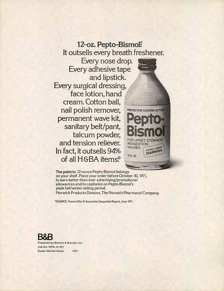 A black and white ad of an old Pepto-Bismol bottle from B&B. Inc.