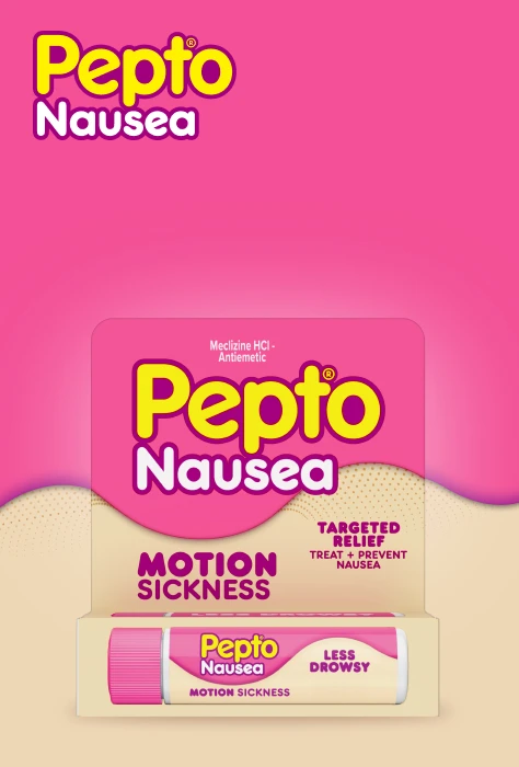 Pepto Nausea medication packaging in bright pink, featuring a stick applicator for motion sickness relief with "less drowsy" claim.