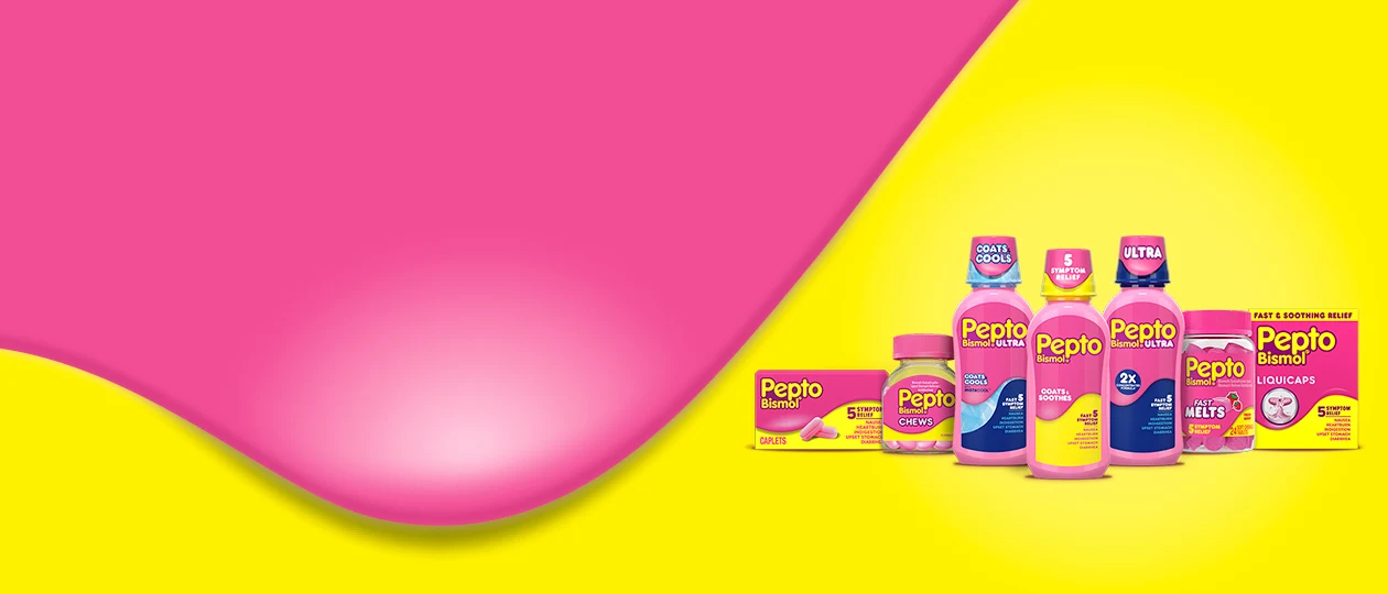 Pepto-Bismol caplets, chew, ultra coats cool liquid, original, ultra 2X concentrated liquid, fast melts and liquicaps packages.