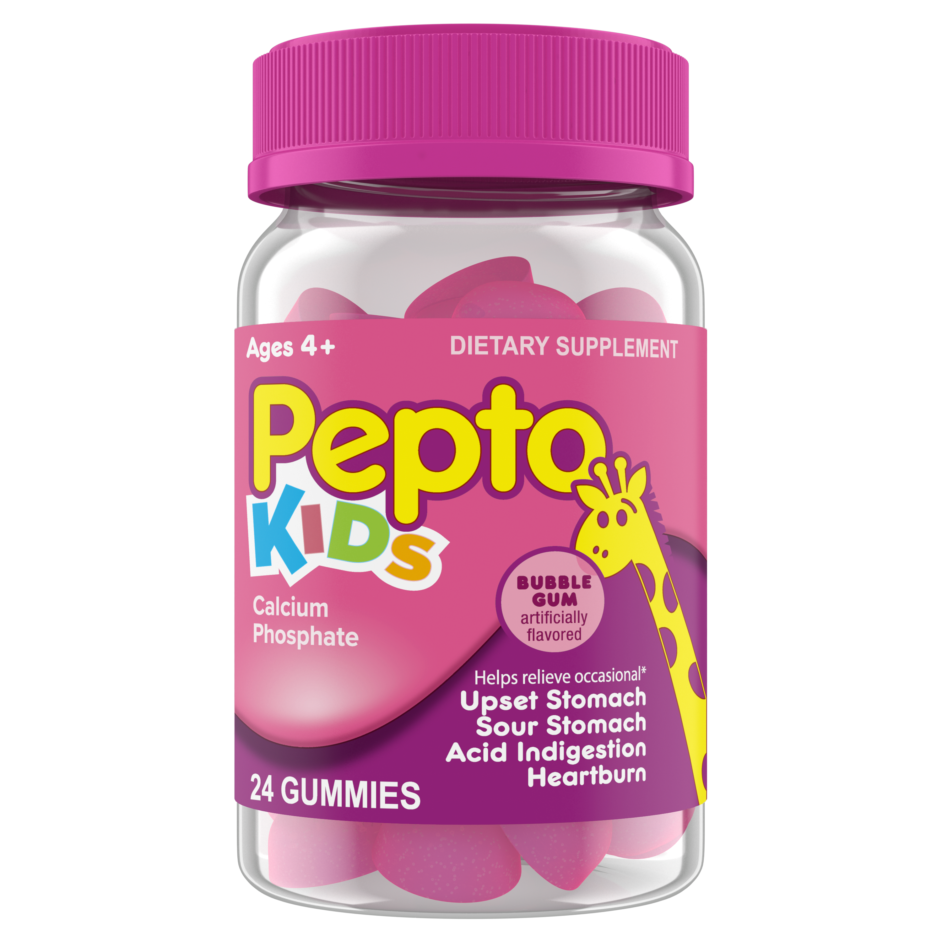 A bottle of Pepto kids gummies bubble gum flavor, text "Designed for Little Tummies" and claims.