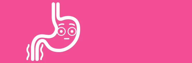 Illustration of stomach with rolling eyes face with pink background and text "Diarrhea".