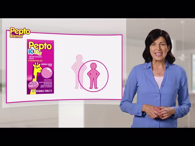 Pepto kids chewables tablets package, icon of 2 people next to a lady in a blue shirt.