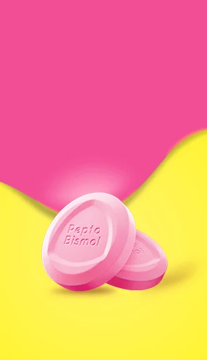 2 pink colour Pepto Bismol chewables.