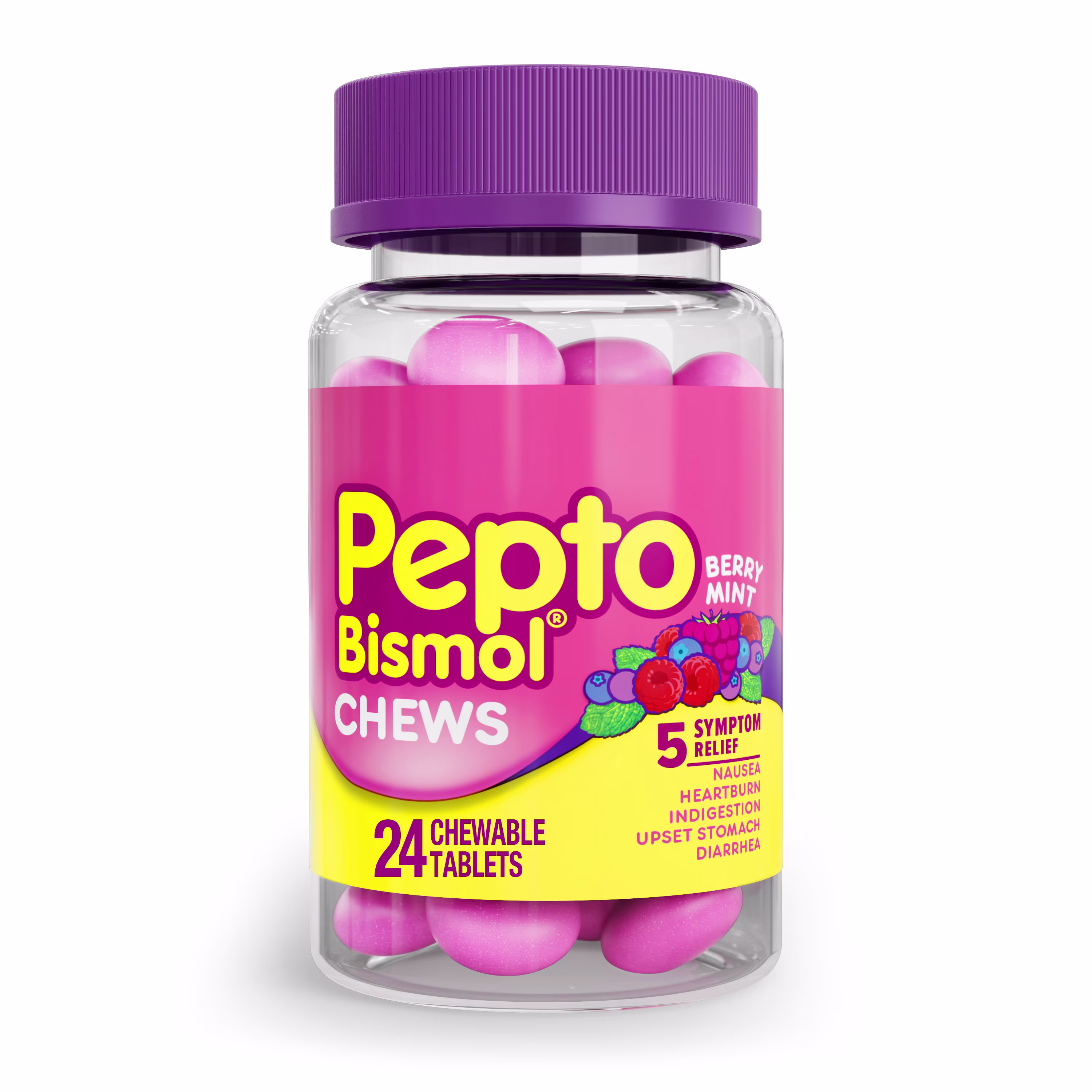 A bottle of Pepto Bismol chewable tablets berry mint flavor.