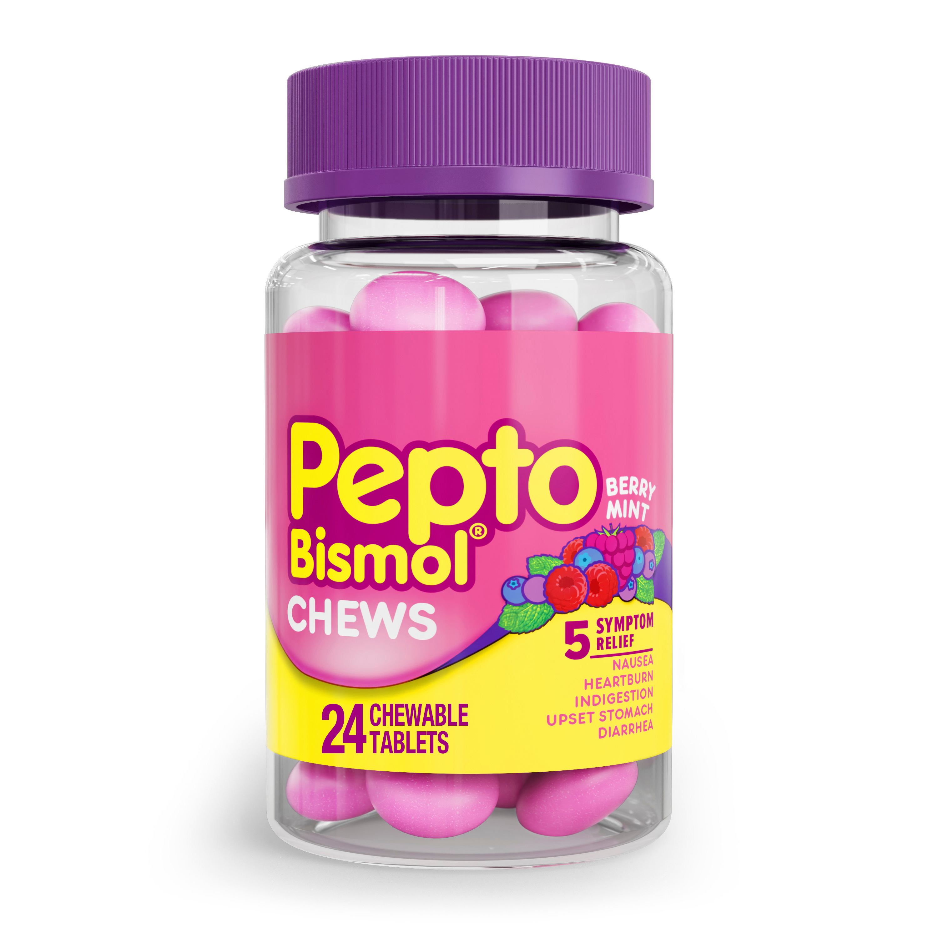 A bottle of Pepto Bismol chewable tablets berry mint flavor.