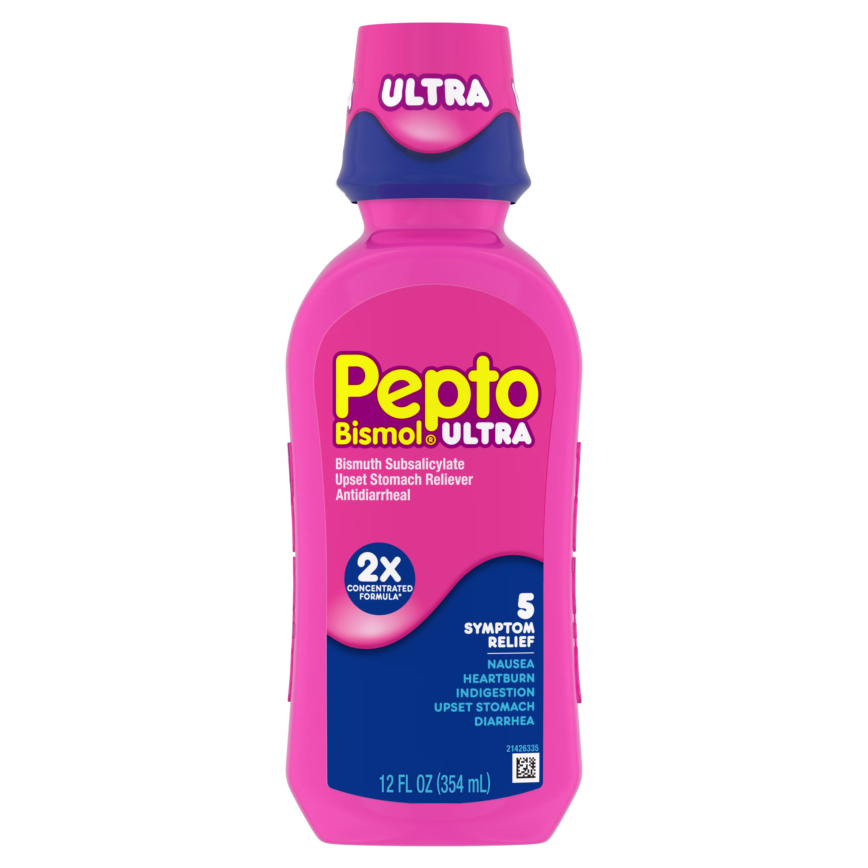 A bottle of Pepto Bismol Ultra 5 symptoms relief Liquid.