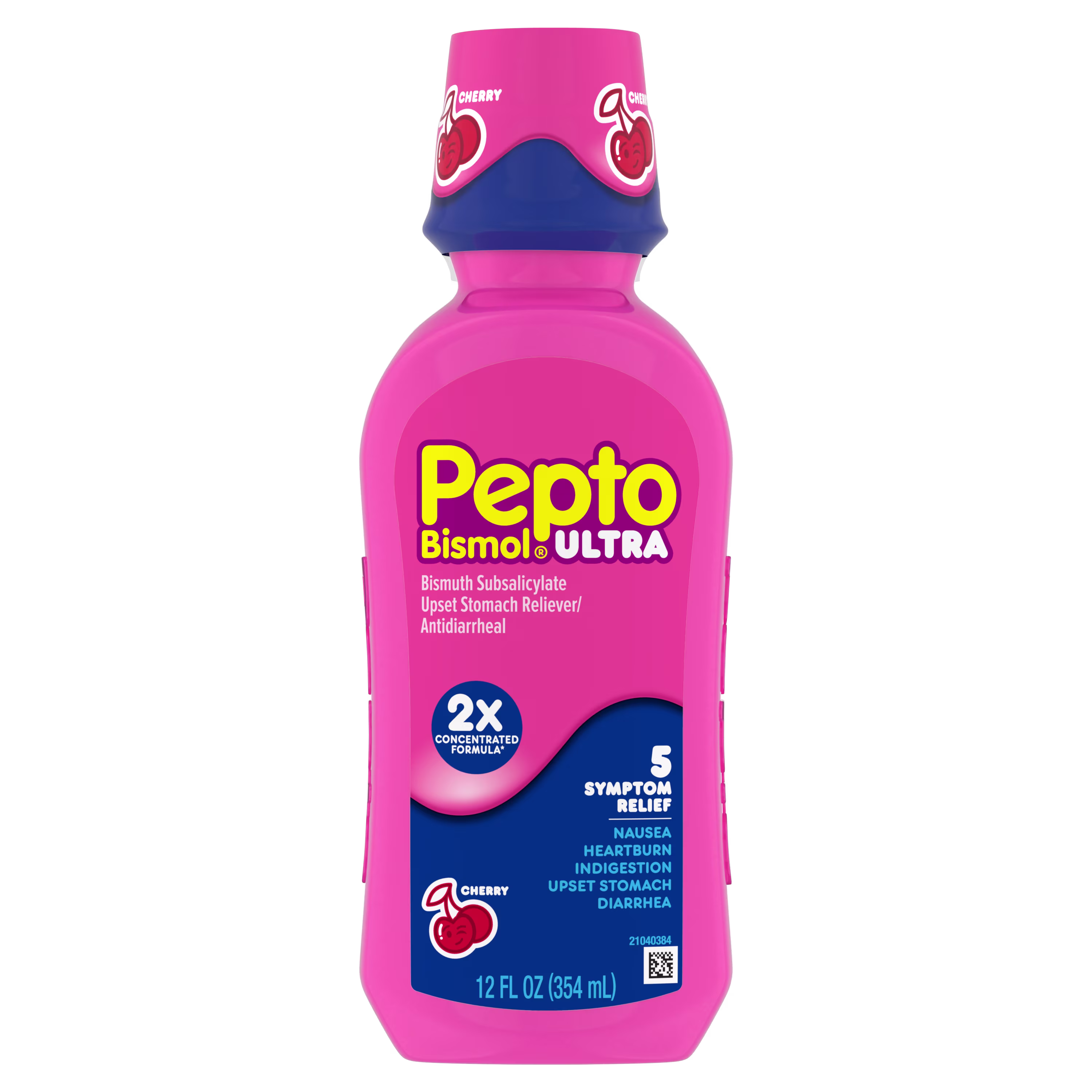 Pepto-Bismol Ultra Cherry 12 fl oz liquid stomach relief medicine, pink and blue bottle with cherry flavor, 2X concentrated formula for nausea, heartburn, indigestion, upset stomach, diarrhea.