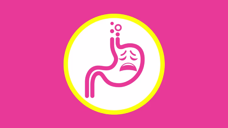 Stylized illustration of a sad-looking stomach with bubbles at the top, representing upset stomach or gas.
