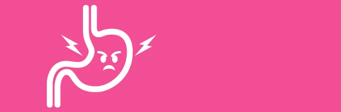 Illustration of stomach with angry face with pink background and text "Stomach Upset".