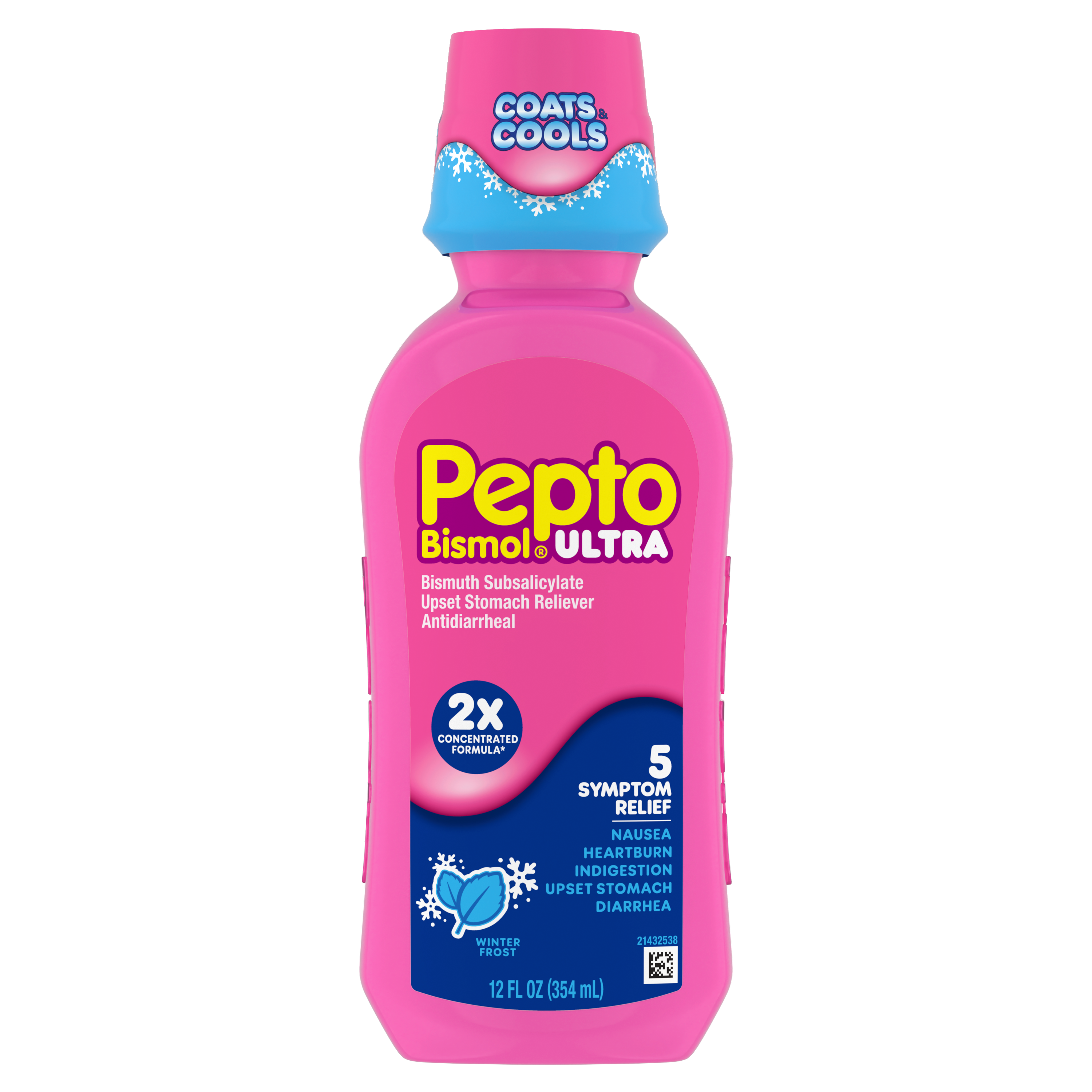 A bottle of Pepto Bismol Ultra 12 fl oz, a pink-colored OTC medication for digestive relief, featuring "2X Concentrated Formula" and "5 Symptom Relief" for nausea, heartburn, indigestion, upset stomach, and diarrhea.
