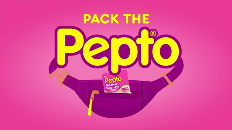 Graphic of a purple fanny pack with a box of Pepto Bismol Motion Sickness inside and the text "Pack the Pepto."