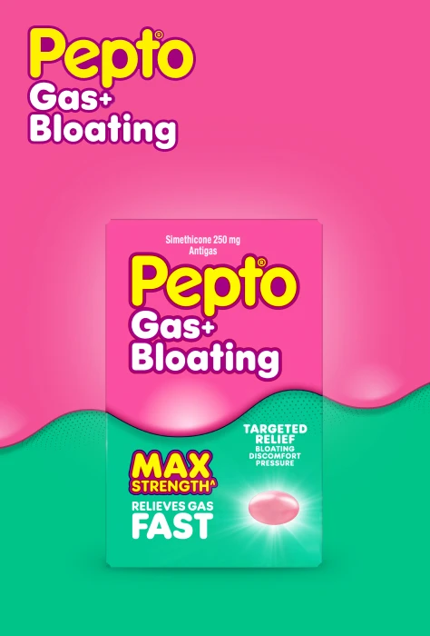Pepto Gas + Bloating medication package in bright pink and green, featuring "MAX STRENGTH" and "RELIEVES GAS FAST" claims.