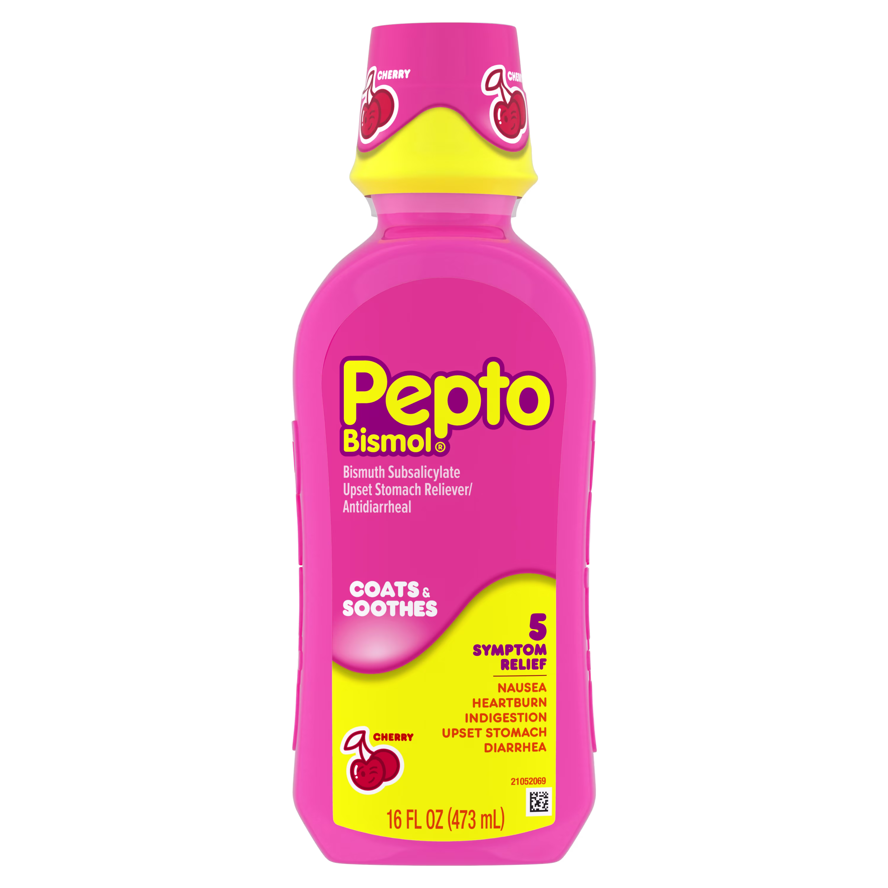 A bottle of Pepto Bismol 5 symptoms relief Liquid cherry flavor.