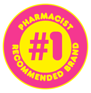 Pink circle with yellow outline and text "#1 Pharmacist Recommended Brand".