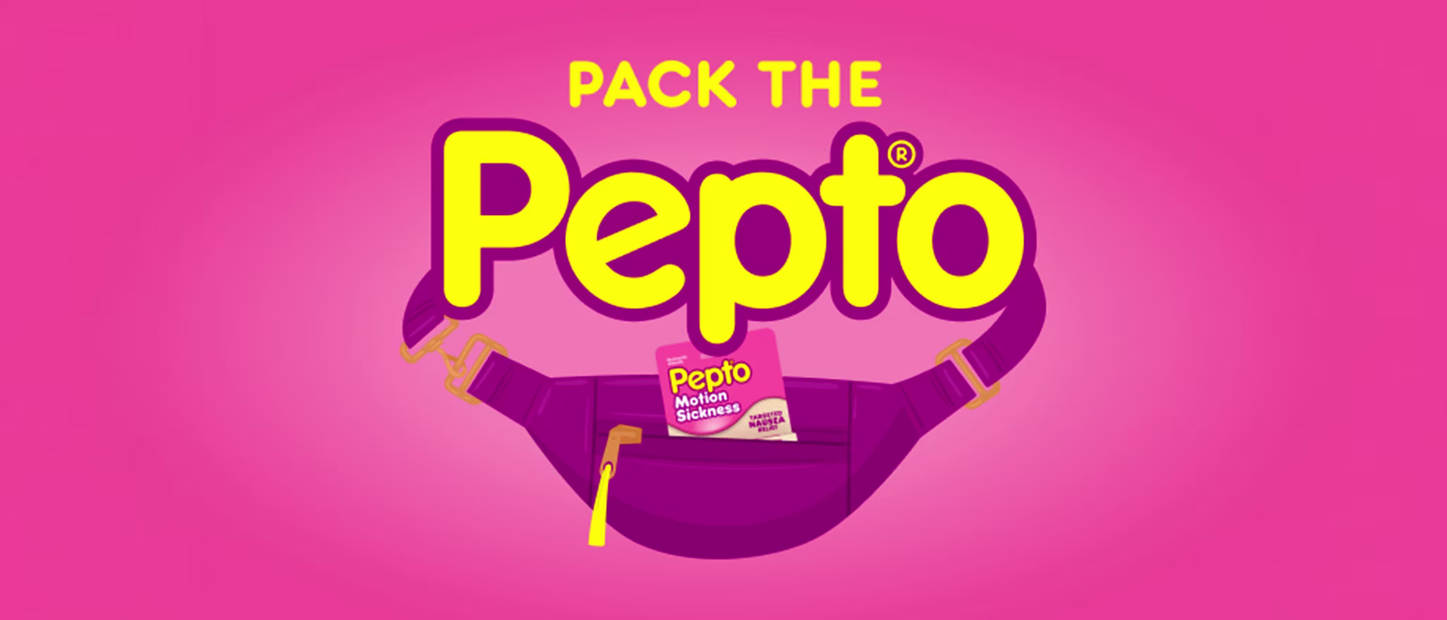 Graphic of a purple fanny pack with a box of Pepto Bismol Motion Sickness inside and the text "Pack the Pepto."
