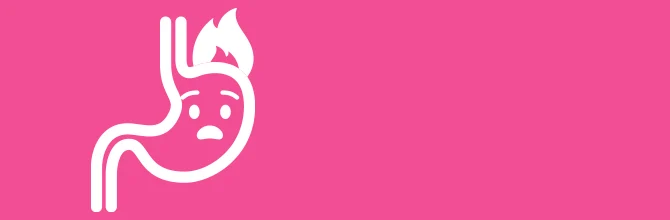 Illustration of stomach with worried face with pink background and text "Heartburn".