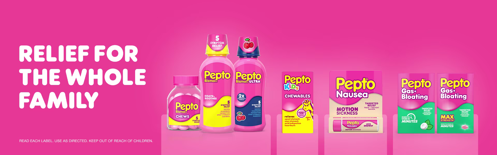 Pepto-Bismol product lineup on pink background with text Relief for the Whole Family, showing chews, liquids, kids, nausea, and gas relief products.