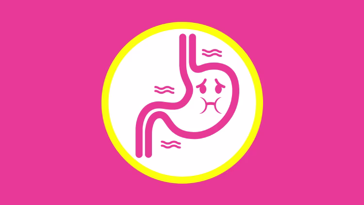 Stylized illustration of a stomach with a nauseous expression and wavy lines around it.