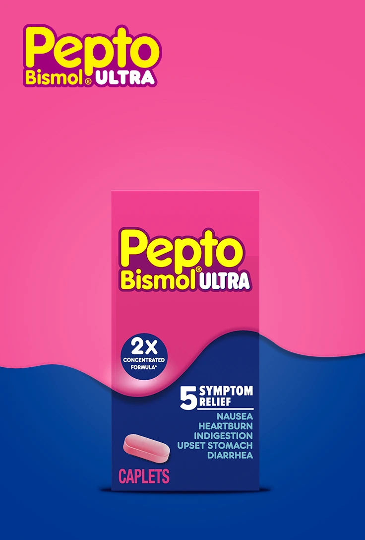 Pepto Bismol Ultra 5 symptoms relief Caplets package.