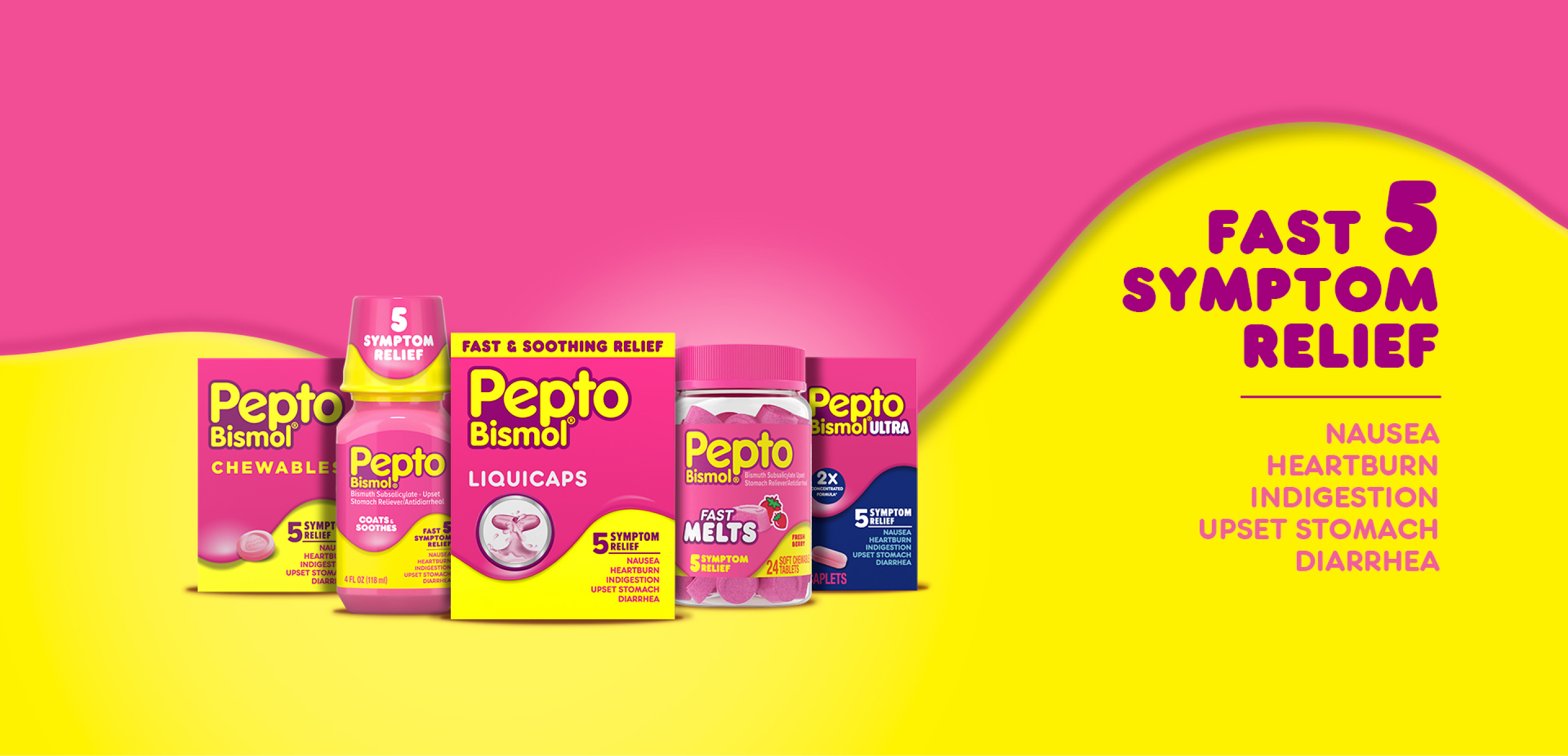 Pepto-Bismol Chewables, Liquid, Liquicaps, and Caplets packages.