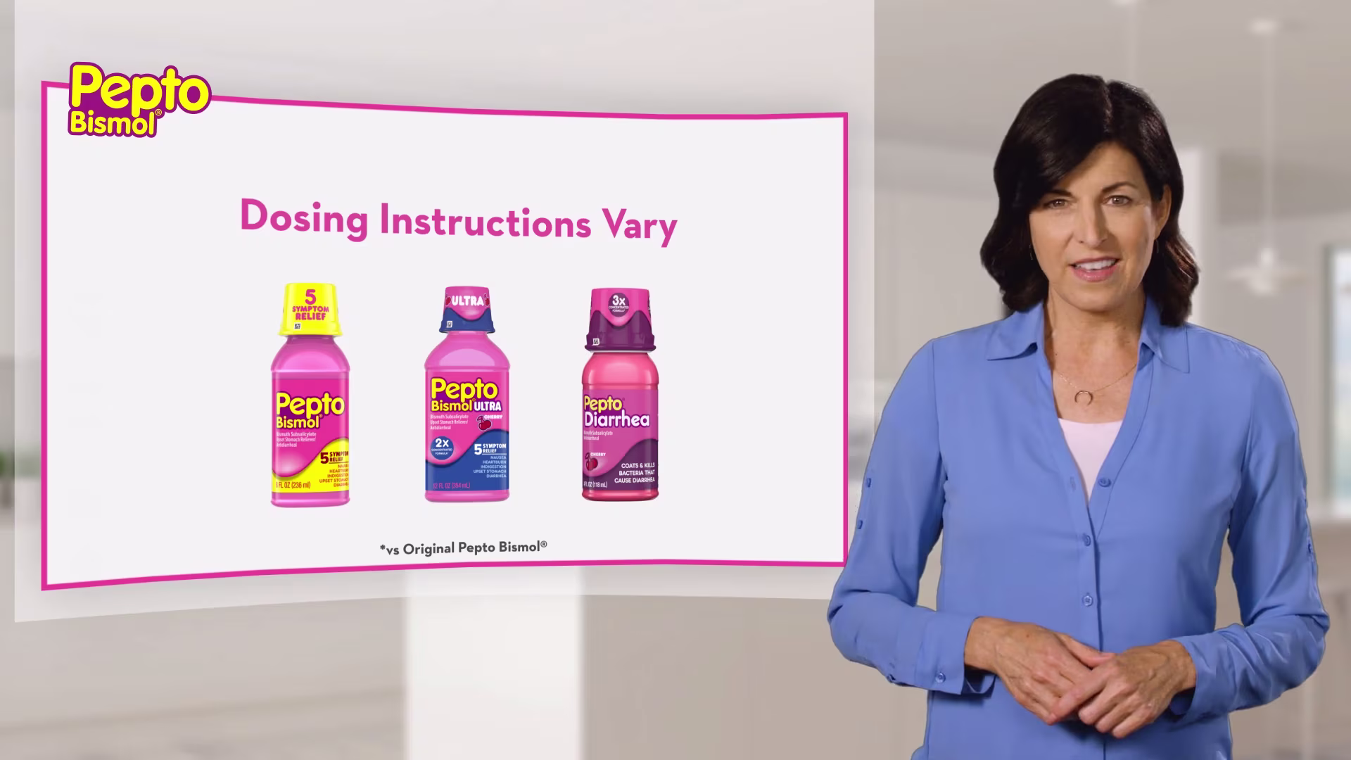 3 bottles of Pepto Bismol 5symptom relief, Ultra and Diarrhea liqui,  "dosing instructions vary" overlaying texts and a lady standing next it in blue shirt.