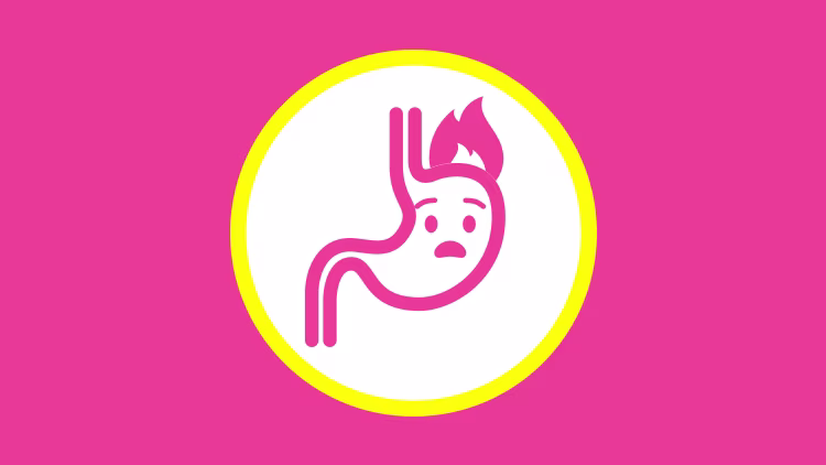 Stylized illustration of a stomach with a small flame inside, representing heartburn.